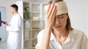 Woman with a bandage on her head holding her forehead in pain, possibly indicating a head injury or concussion.